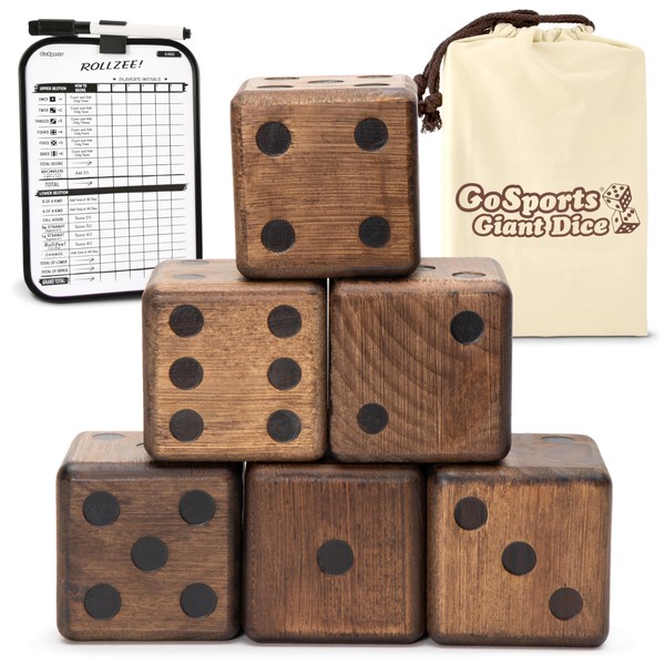 GoSports Giant Wooden Playing Dice Set with Rollzee and Farkle Scoreboard - Includes 6 Dice, Dry-Erase Scoreboard and Canvas Tote Bag - Choose 2.5 Inch or 3.5 Inch Dice)