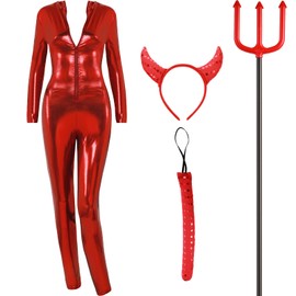 Devil Costume Set Includes Red Bodysuit Devil Tail Devil Fork Glitter Devil Horns Headband (XL)