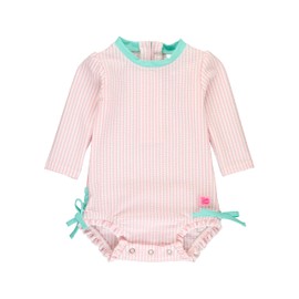 RuffleButts Pink Seersucker Long Sleeve One Piece Rash Guard - 6-12m