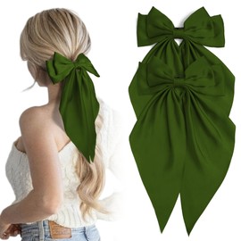 2Pcs Army Green Hair Bows Long Tail Satin Bow Hair Clips Large Silky Ribbon Bow for Hair Ponytail Holder with Metal Clip Coquette Hair Barrettes Accessories Gifts for Women Girls