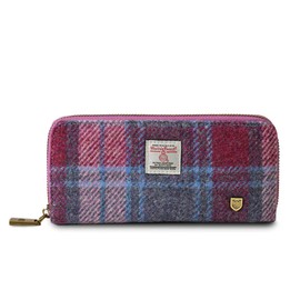 Islander HarrisTweed & PU Leather women’s long zip purse, Pink and Blue Tartan, Carry Cash & card, Scottish Style