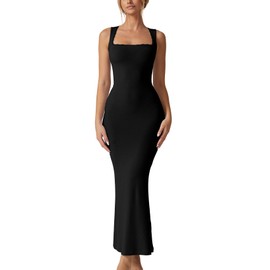 QINSEN Women's Square Neck with Lace Detail Long Maxi Dress Sleeveless Lounge Ribbed Full Length Dresses Black M