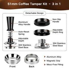 YYDSLEE 51mm Espresso Accessories Kit, 3-in-1 Set with Coffee Distributor, Calibrated Spring Tamper, and Magnetic Dosing Funnel, for De'Longhi 51mm Portafilter