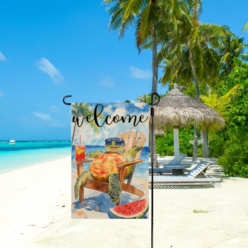 Summer Welcome Sea Turtle Garden Flag, Cute Turtle On Beach