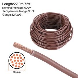 MECCANIXITY 75 Feet Electrical Wire Insulated Stranded Copper 12 AWG Hook Up Wire Cable THHN Wire Residential, Industrial, Grounding, Electrical Rated for 600 Volts,UL Listed,Brown