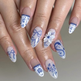 MERVF Almond Press on Nails Medium Fake Nail White French Tip Glue ons Blue Flower Bow Stiletto Acrylic Totem Snake Print Design Art Chinese Style Manicure Glossy 24pcs