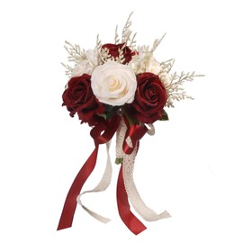 LEIFENY Wedding Bouquets for Bride, Champagne White & Burgundy Rose Bridal Bouquets for Bride, Artificial Flower Bouquet for Wedding, Bridesmaid Bouquets with Silk Ribbon, Home Decor