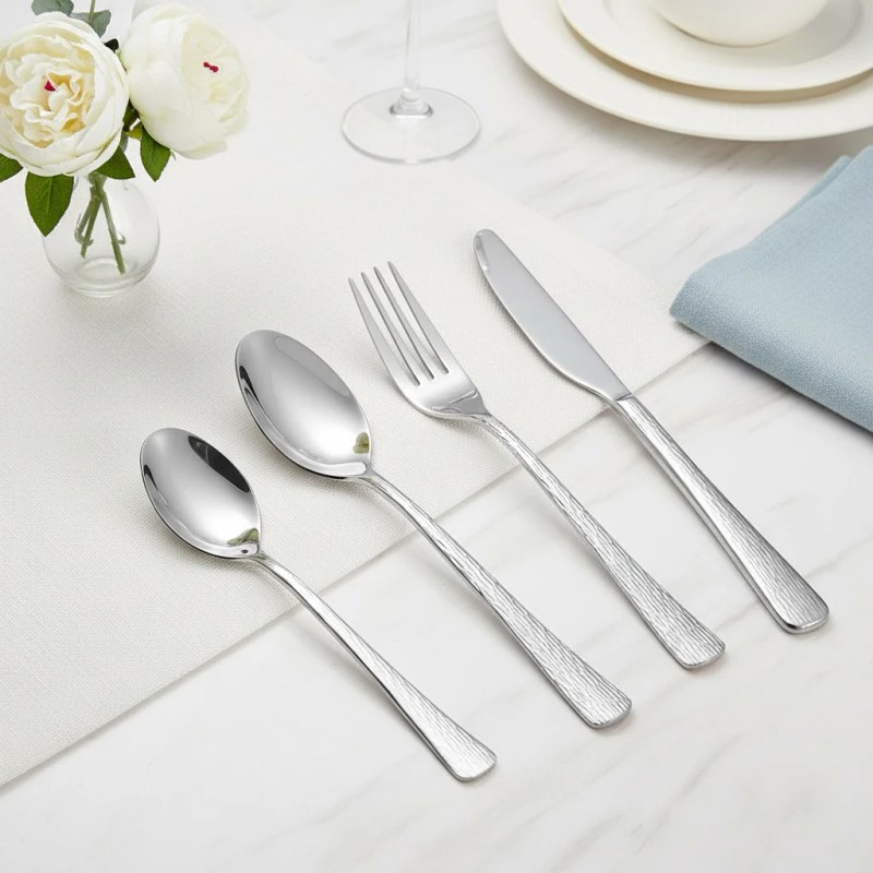 Stainless Steel Hammered Handle Flatware Set 20 Piece Silverware Bulk