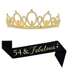 Happy 54th Birthday Tiara and Sash Gifts Crystal Rhinestone Princess Crown Birthday Women Party Favor Supplies Gold Crowns Black Sash