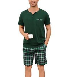 Bresdk Men's Short Cotton Pyjamas with 2 Buttons Checked Summer Men's Sleepwear S-3XL, Green Chequered