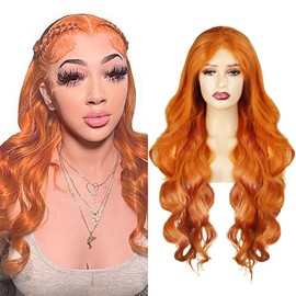 Hxxcoup Women's Real Hair Wig, 4x4 Lace Human Hair Wig, Orange Colour, Body Wave, Pre-Plucked Hairline with Baby Hair, Unprocessed Hair, Transparent Lace for Women, Minimal Smell, 16 Inches (40.6 cm)