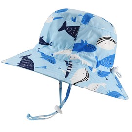 Kids Boys Sun Hat Adjustable - Outdoor Toddler Swim Beach Pool Hat UPF 50+ Wide Brim Chin Strap Summer Play Hat (54cm, Light Blue Whale)