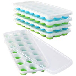 Ice Cube Trays with Lids BPA Free, 4 Pack Easy Release Silicone Ice Cube Trays for Freezer 84 Sphere Ice Tray with Stackable No Spill Lids, Dishwasher Safe, Blue & Green