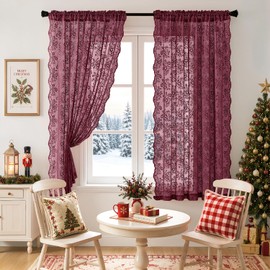 2 Panels Christmas Vintage Lace Curtains 52 x 63 Inch Burgundy