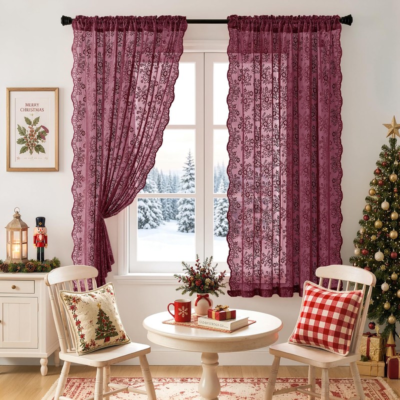 2 Panels Christmas Vintage Lace Curtains 52 x 63 Inch