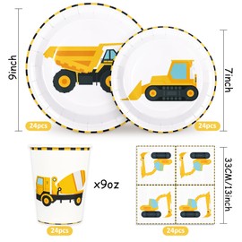 Whaline 96Pcs Construction Party Tableware Dump Truck Paper Plate Napkin Cup Yellow Black Disposable Dinnerware Set for 24 Guests Birthday Party Table Decor