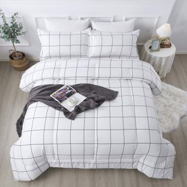 Andency White Grid Comforter Set Queen(90x90Inch), 3 Pieces (1 Plaid Comforter and 2 Pillowcases) White Plaid Comforter Set, Lightweight Microfiber Gingham Geometric Comforter Bedding Set