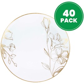[10'' Plates 40 Count] White Plastic Floral Design Party Dinner Plates With Gold Rim Premium heavyweight Elegant Disposable Tableware Dishes