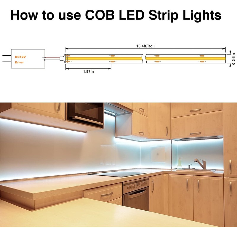 480 LEDs/m 6000K COB LED Strip, Bright LED Tape, 12V,