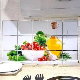BIBITIME Green Vegetables Kitchen Oil Proof Tile Wall Stickers Cherry Tomatoes Cucumber Butter Decor Decals,17.72" x 27.56"