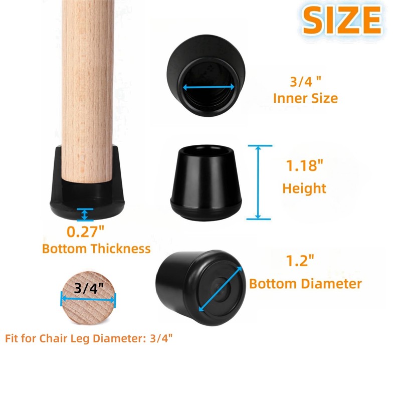 3/4" Chair Leg Tips Caps, Non-Slip Rubber Leg Tips, Stool