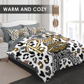 WeCozy 7 Pcs Full Size Comforter Set with 2 Pillowcase & 2 Shams, Paris Black Gold Tower Bedding for Kids and Adults, French Golden Leopard Bed in a Bag with Flat Fitted Sheet