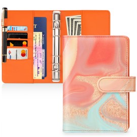 Toplive A6 Notebook Binder Refillable 6 Rings PU Leather Binder Cover Loose Leaf Personal Planner Binder with Magnetic Closure Card Holder/Pencil Holder, Watercolor Orange Green