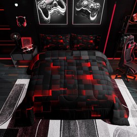 Erosebridal Black and Red Comforter Set Twin Neon Geometric Checkered Bedding Set Gamer Room Decor for Boys,Abstract Grids Quilt Comforter for Kids Teen Men Plaid Check Bed Set 2 Pcs
