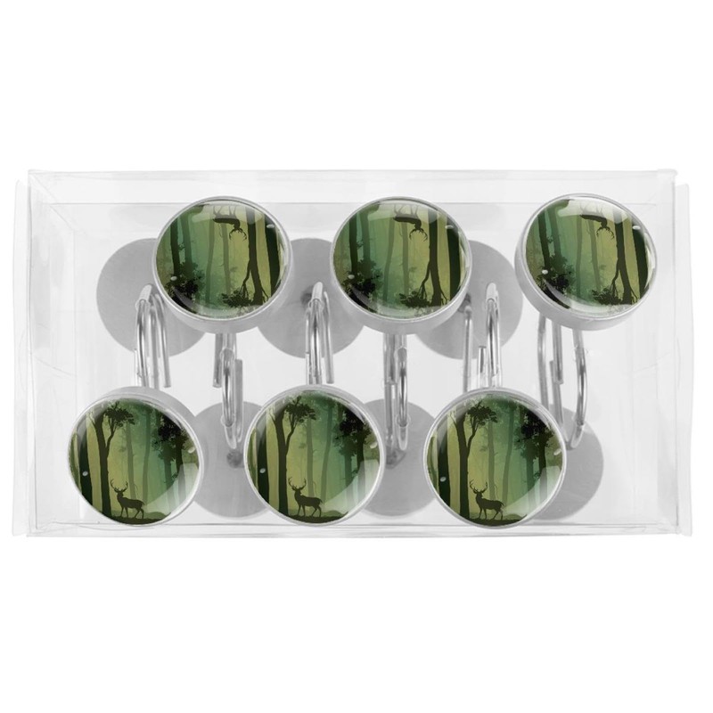 deciduous Forest Bird Deer Decorative Shower Curtain Hooks Rings Set