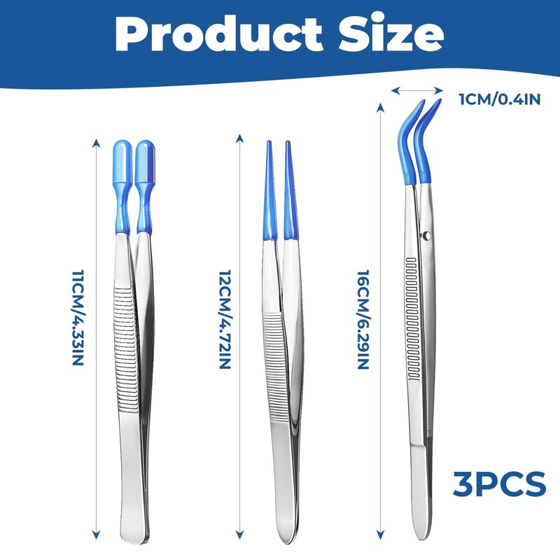 3 PCS Tweezers with Rubber Tips PVC Coated Set Precision