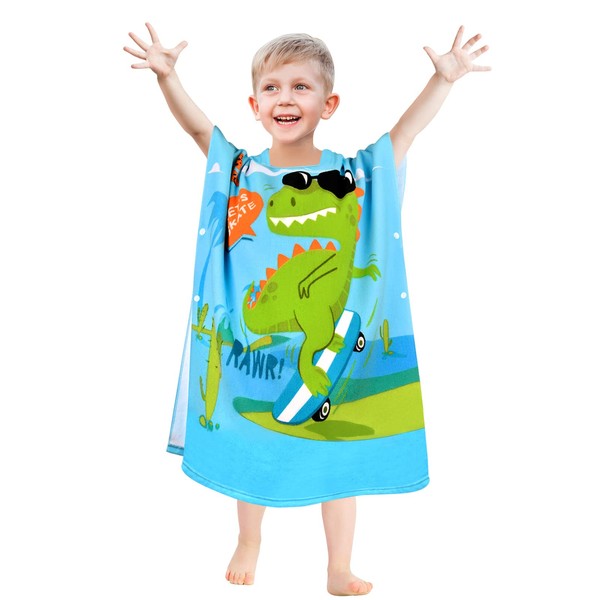 VOBUKE Kids Poncho Hooded Towels, Children Hooded Swimming Towels Bathrobe Microfiber Ultra Soft and Extra Large Changing Robe Surfing Towel for Girls Boys Toddler 4-9 Years Old (Dinosaur)