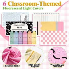 Gerrii 6 Pcs Back to School Composition Fluorescent Light Covers with 60 Magnets for Classroom Ceiling Lights 4 x 2 ft Magnetic Light Cover Filter Easy Install Composition Notebook Classroom Decor