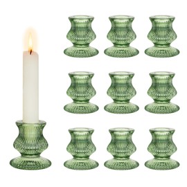 Hewory Glass Candlestick Holders: 10PCS Green Taper Candle Holders Bulk, Ribbed Candle Holder Candle Stick Holder Decor for Christmas Thanksgiving Wedding Party Bridal Showers