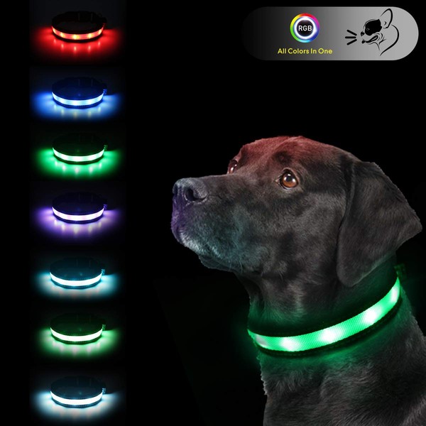 LED Safety Dog Collars - USB Rechargeable 7 Changing Colors Light Up Dog Collar Water Resistant Adjustable Night Safety Collar, Makes Your Dog Visible, Safe & Seen