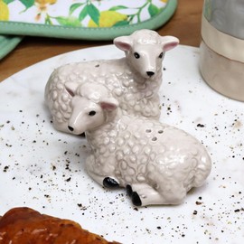 S/2 Salt and Pepper Shaker Set Lying Sheep Ceramic White Farm Animal Condiment Pots