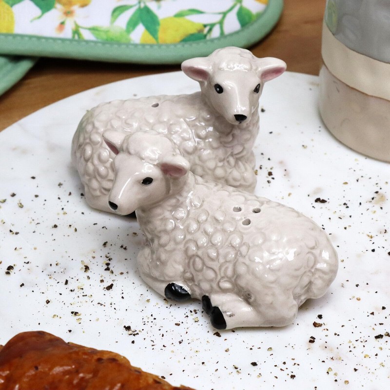 S/2 Salt and Pepper Shaker Set Lying Sheep Ceramic White