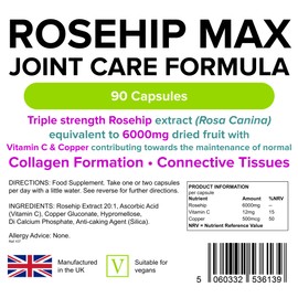 Lindens Rosehip Max Joint Care Formula 90 Capsules - 6,000mg High Strength Supplement - Joint Care Support - UK Manufacturer, Letterbox Friendly