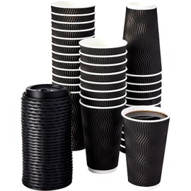 peibobow 16 oz Coffee Cups with Lids, 60 Pack Insulated Corrugated Paper Cups, Disposable Coffee Cups for Water, Juice, Coffee (Black 16 oz)