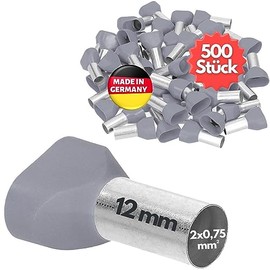 Kalitec AET07512GR Twin Wire End Ferrules Insulated 2 x 0.75 mm² 12 mm Long Grey I Made in Germany I Industrial Quality Pack of 500