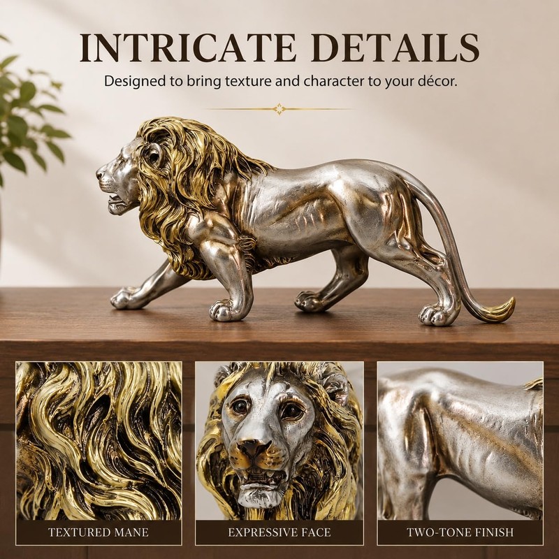 MOTIAHOOM Lion Figurine, Roaring Animal Statue, Silver Gold