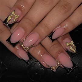 Black French Tips Press on Nails Medium Long Square Fake Nails with Gold Bow Charm Design Gold Rhinestone Glue on Nails Glossy Skin Tones False Nail Summer Stick on Nail for Women Girls Manicure