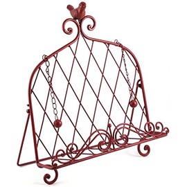 Iron Cookbook Stand ~ Book Holder Adorned with Bird ~ Worn Red Color