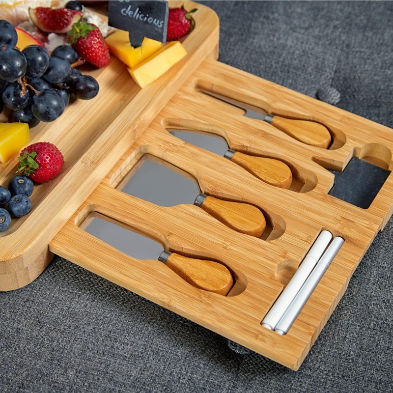 RoyalHouse Unique Bamboo Cheese Board and Knife Set with 2