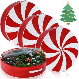 Yoojahow 4 Pcs 30 Inch Christmas Wreath Storage Bag Candy Cane Wreath Storage Container Clear Window Dual Zipper Handle Red White Peppermint Garland Organizer for Holiday Decoration, Cute Lollipop
