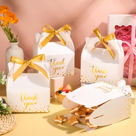 Engrowtic 50 Pcs Thank You Boxes Ribbon Gift Boxes with Handles 5.9 x 3.5 x 3.5 Inch Thank You Treat Boxes Gold Foil Print Paper Boxes for Graduation Wedding Baby Shower Holiday Party(White)