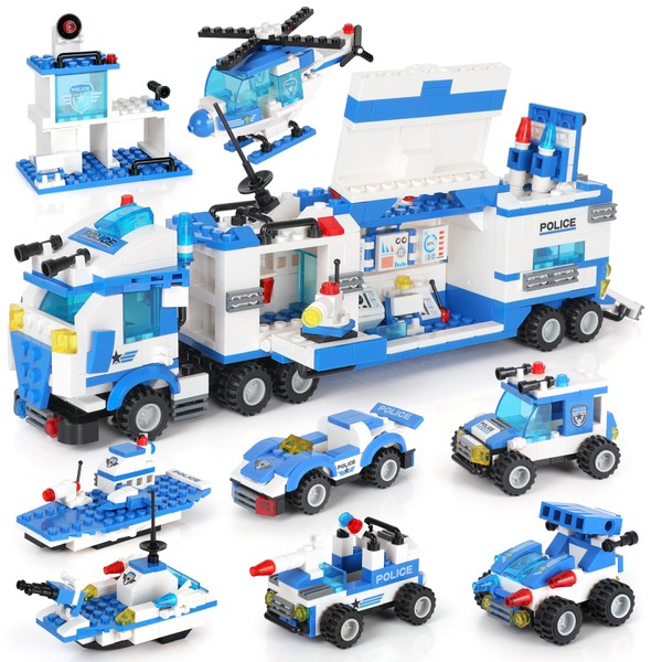 1338 Pieces City Police Mobile Command Center Truck Building Blocks Set with Police Station, Police Car, Helicopter, Boat, Best Education Learning & Roleplay Toys Gift for Kids Boys Girls Age 6-12