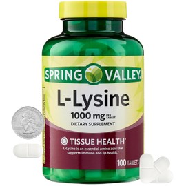L-Lysine 1000mg, Amino Acid llysine, L lysine, Lysine Supplement, Lysine Immune Support, Spring Valley 100 Tablet