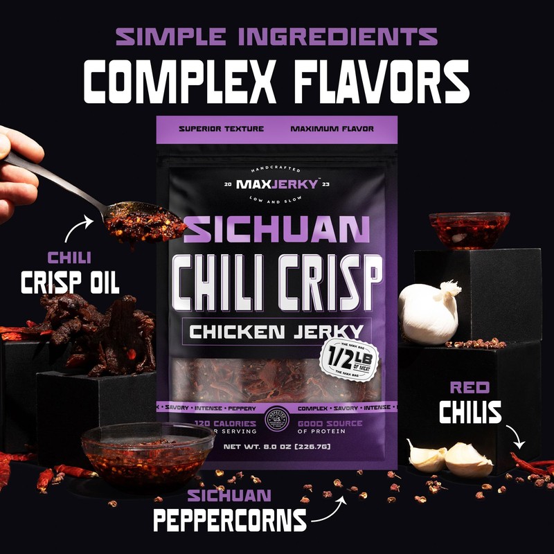 MaxJerky Sichuan Chili Crisp Chicken Jerky, 88 Grams of Protein,