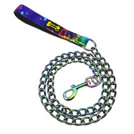 ChampWei Rainbow Metal Dog Leash for Small Medium Large Dogs, Chain Link Anti Chew 3.5-4FT Strong Anti Bite Dog Leash Comfortable and Breathable mesh Cushion Handle (S)