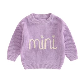 Family Matching Outfits Mommy and Me Cute Letter Embroidery Crew Neck Long Sleeve Sweater Top, Purple, 4-5T